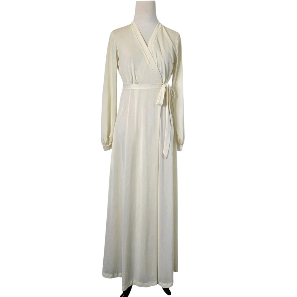 Vtg 60s Miss Elaine Bridal Long Wrap Tie Front Robe Lightweight Ivory Coquette S